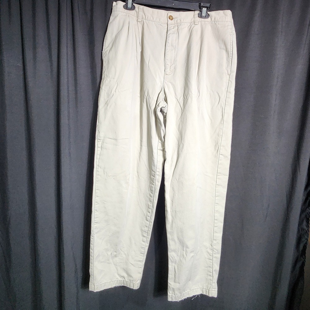 LL Bean Comfort Waist Flannel Lined Pleated Chinos Mens 38x34 Beige Cotton Pants